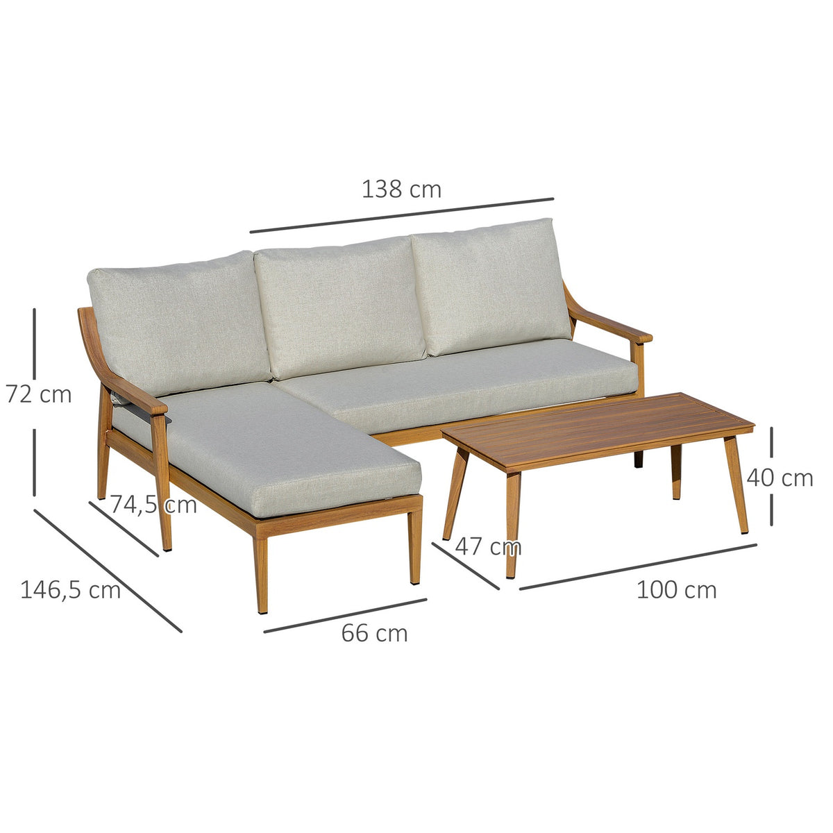 Garden Furniture Set For 3 People With Chaise Longue Double Sofa Table Natural