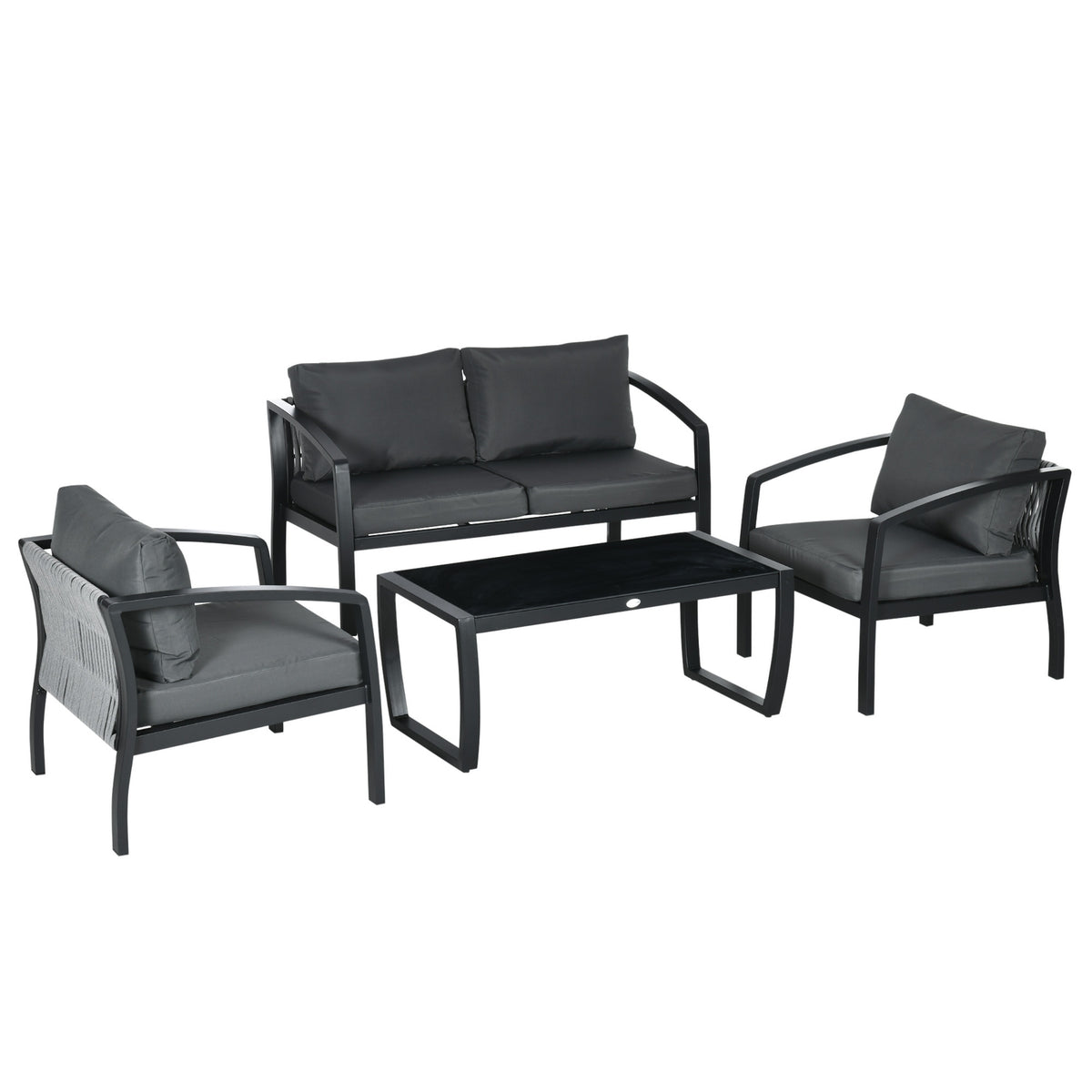 Garden Furniture Set For 4 Persons 1 Glass Table 1 Sofa 2 Armchairs Weather Resistant Gray + Black