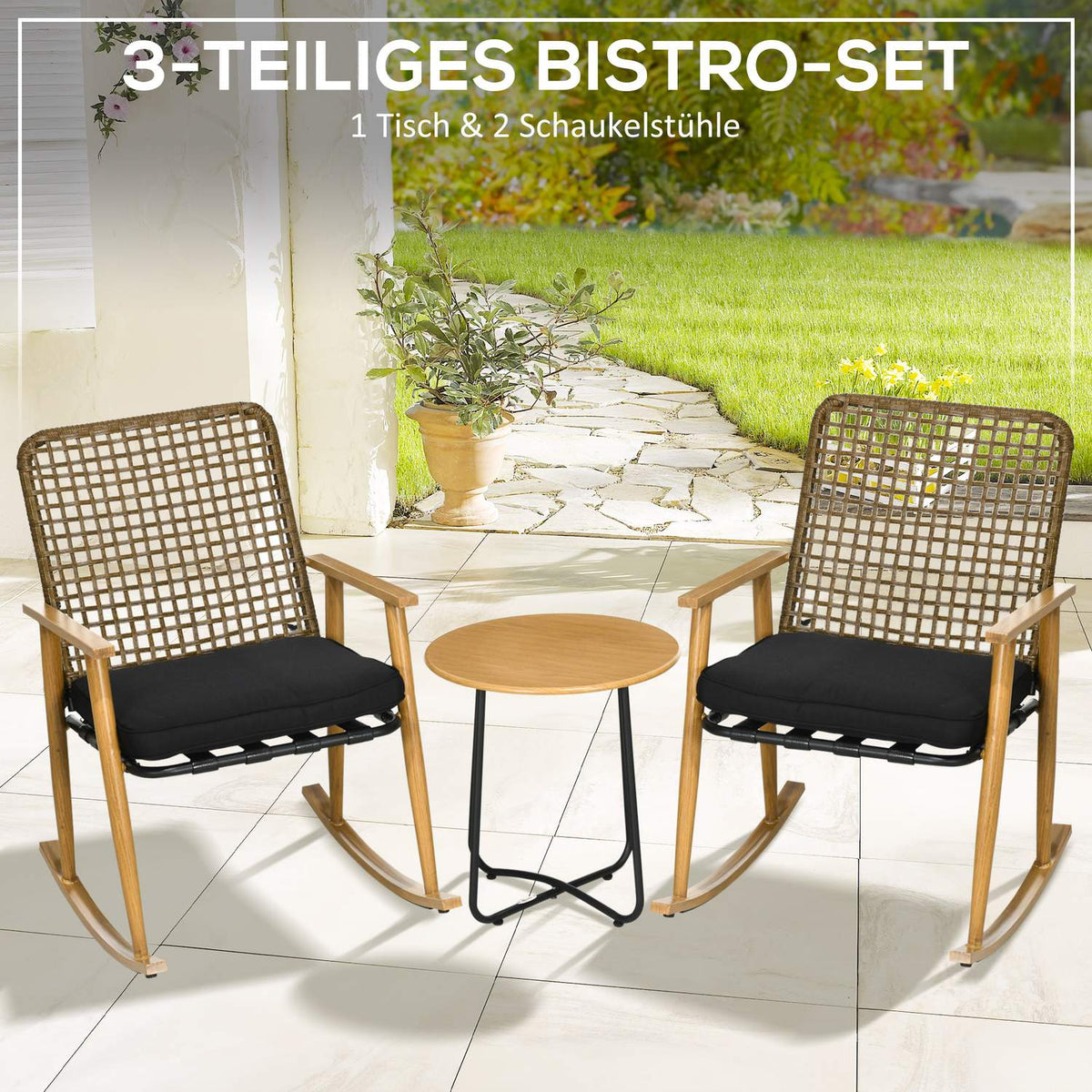 Garden Furniture Set For People, 2 Rocking Chairs, 1 Side Table, Robust Polyrattan, Including Seat Cushions