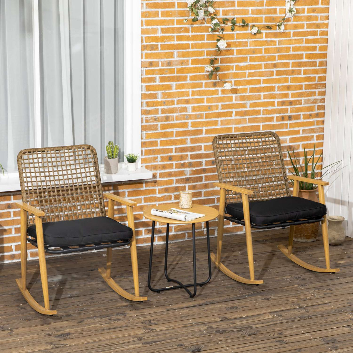Garden Furniture Set For People, 2 Rocking Chairs, 1 Side Table, Robust Polyrattan, Including Seat Cushions
