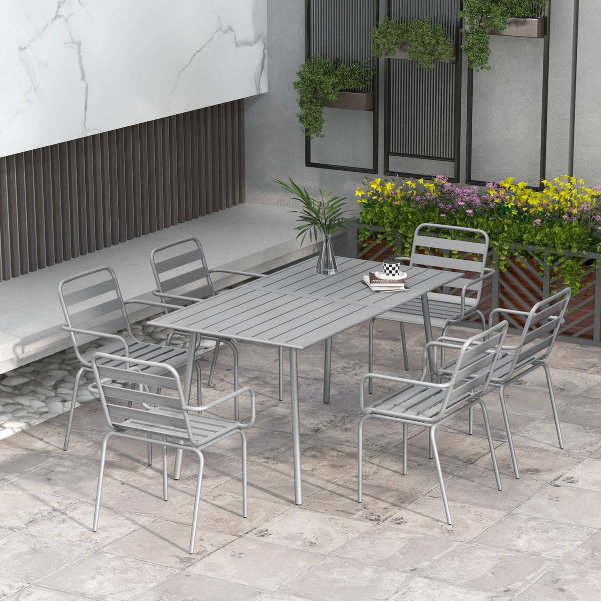 Garden Furniture Set, Seating Group, Dining Table, 6 Stackable Chairs, Balcony, Terrace, Steel, Light Gray