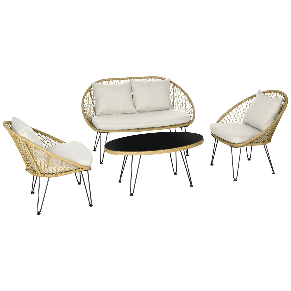 Garden Furniture Set, Seating Group With Cushions, Seating Set With 2 Chairs, 1 Coffee Table, 1 Two-Seater Garden Sofa, Lounge Furniture