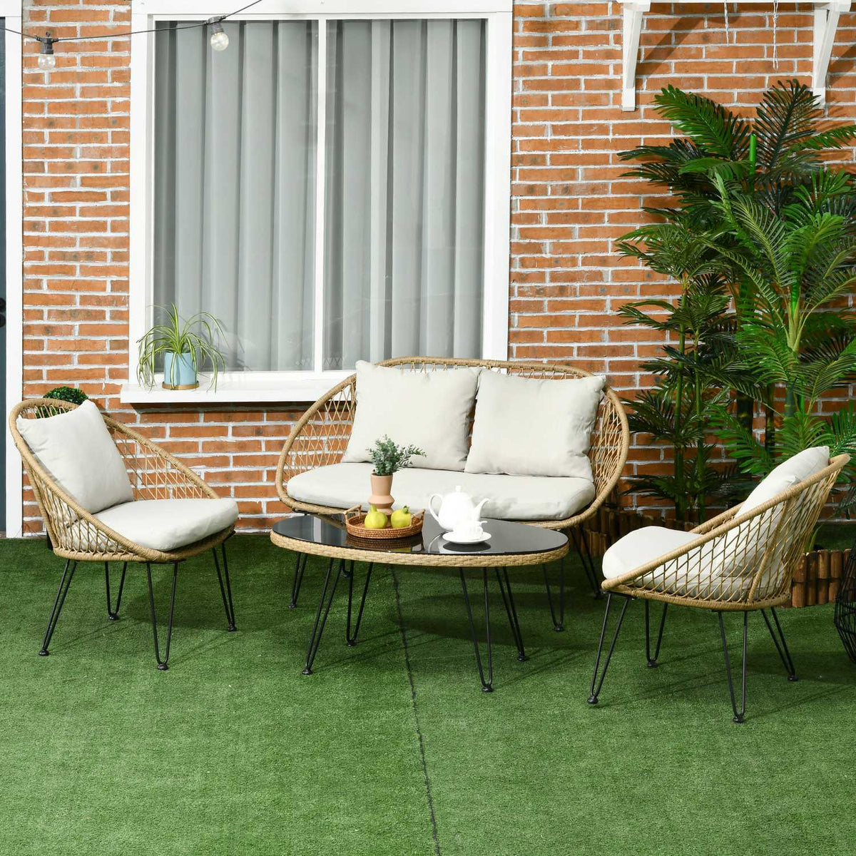 Garden Furniture Set, Seating Group With Cushions, Seating Set With 2 Chairs, 1 Coffee Table, 1 Two-Seater Garden Sofa, Lounge Furniture