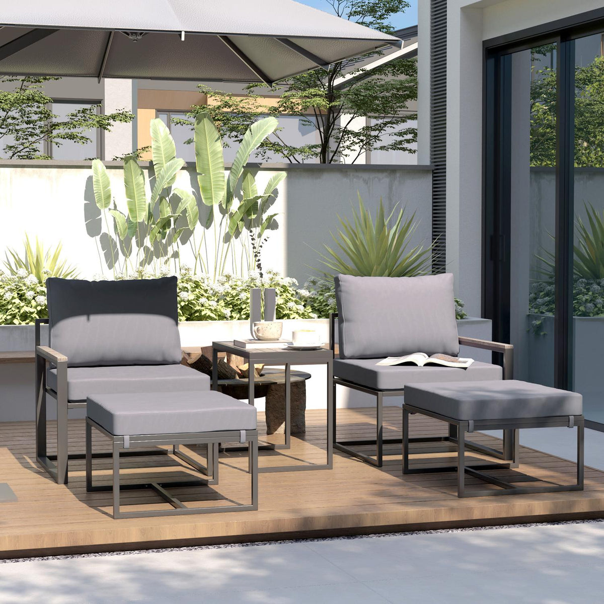 Garden Furniture Set for 2 People Steel Weatherproof Balcony Furniture Set with 2 Armchairs Seat Cushion Side Table Stool Outdoor Seating Group Patio Furniture Garden Set for Garden Patio Balcony Gray
