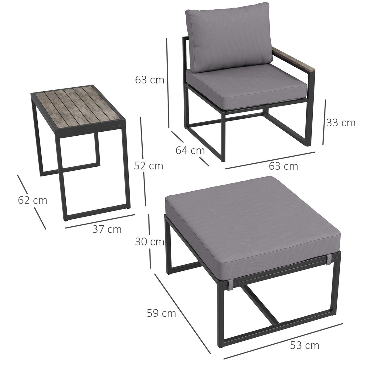 Garden Furniture Set for 2 People Steel Weatherproof Balcony Furniture Set with 2 Armchairs Seat Cushion Side Table Stool Outdoor Seating Group Patio Furniture Garden Set for Garden Patio Balcony Gray