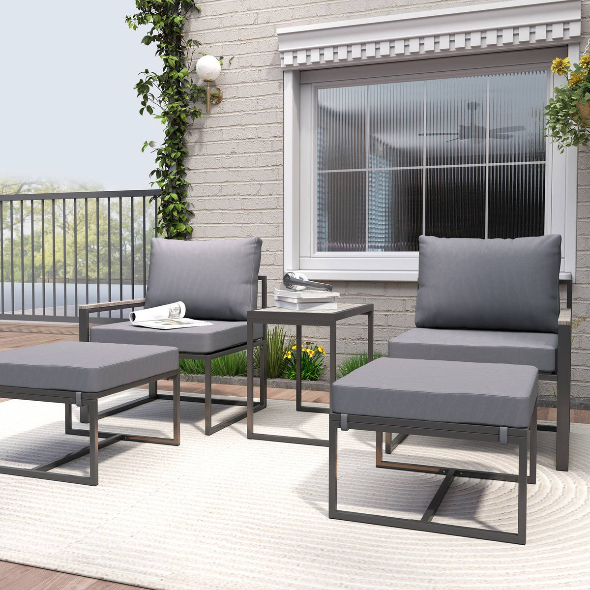 Garden Furniture Set for 2 People Steel Weatherproof Balcony Furniture Set with 2 Armchairs Seat Cushion Side Table Stool Outdoor Seating Group Patio Furniture Garden Set for Garden Patio Balcony Gray