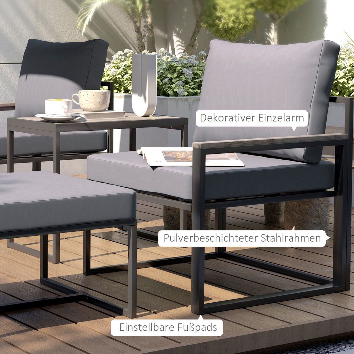Garden Furniture Set for 2 People Steel Weatherproof Balcony Furniture Set with 2 Armchairs Seat Cushion Side Table Stool Outdoor Seating Group Patio Furniture Garden Set for Garden Patio Balcony Gray
