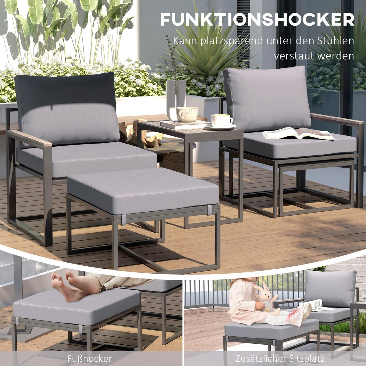 Garden Furniture Set for 2 People Steel Weatherproof Balcony Furniture Set with 2 Armchairs Seat Cushion Side Table Stool Outdoor Seating Group Patio Furniture Garden Set for Garden Patio Balcony Gray