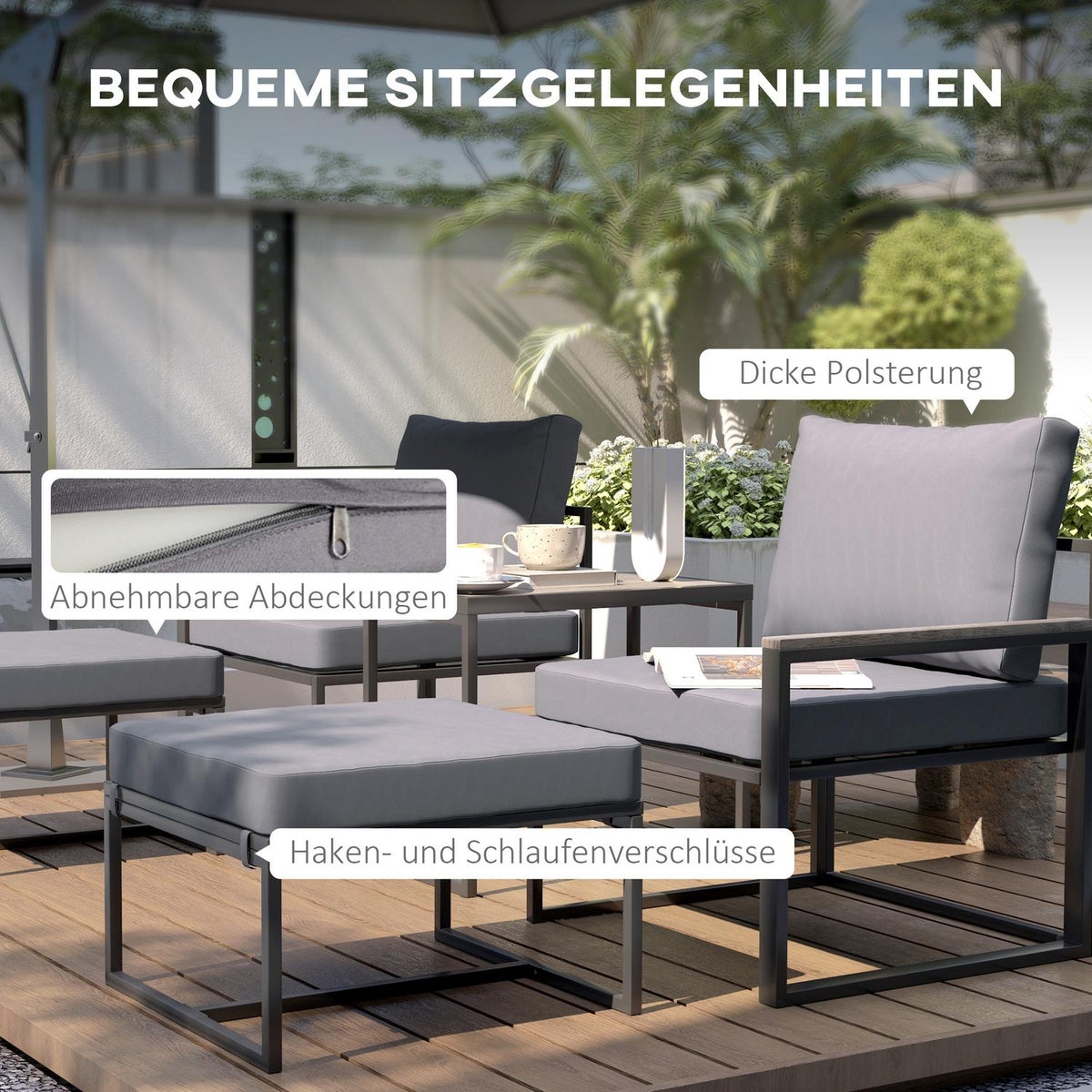 Garden Furniture Set for 2 People Steel Weatherproof Balcony Furniture Set with 2 Armchairs Seat Cushion Side Table Stool Outdoor Seating Group Patio Furniture Garden Set for Garden Patio Balcony Gray