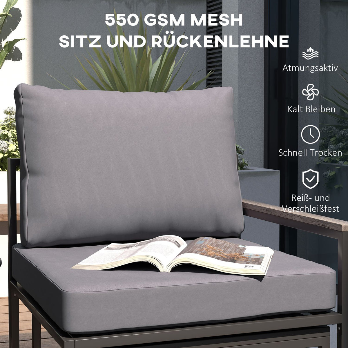 Garden Furniture Set for 2 People Steel Weatherproof Balcony Furniture Set with 2 Armchairs Seat Cushion Side Table Stool Outdoor Seating Group Patio Furniture Garden Set for Garden Patio Balcony Gray
