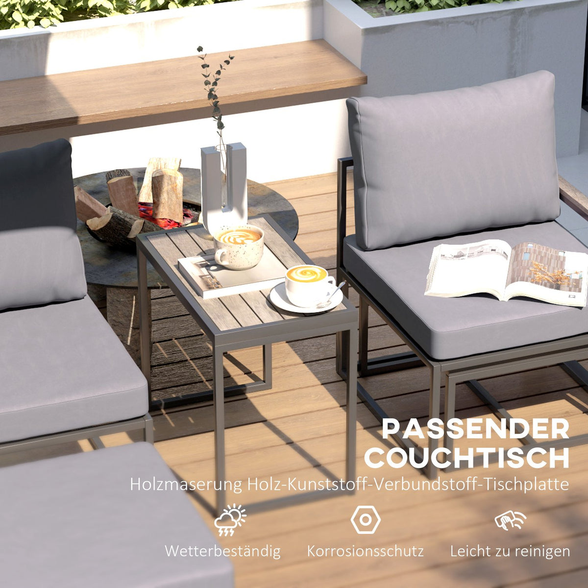 Garden Furniture Set for 2 People Steel Weatherproof Balcony Furniture Set with 2 Armchairs Seat Cushion Side Table Stool Outdoor Seating Group Patio Furniture Garden Set for Garden Patio Balcony Gray