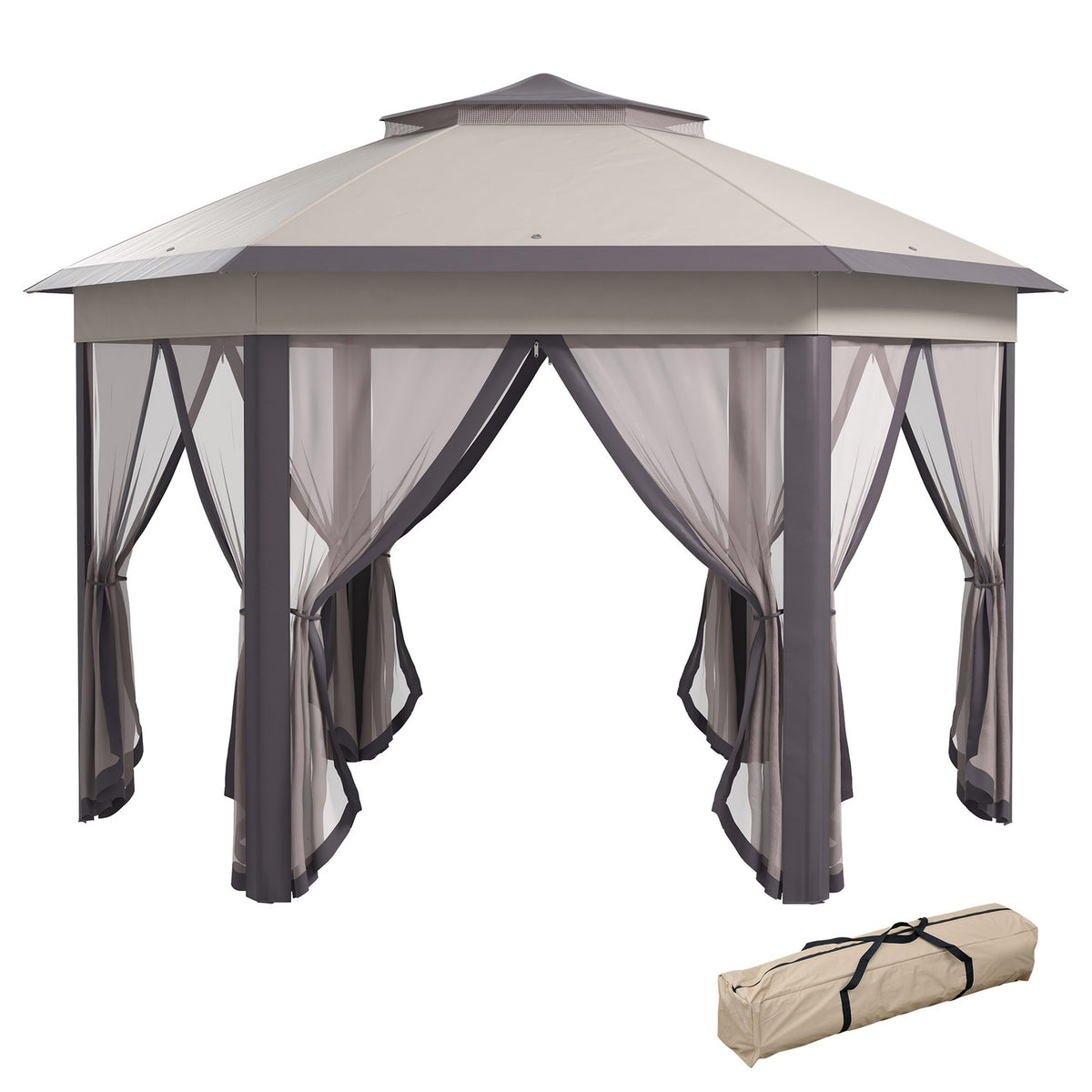 Garden Gazebo Folding Gazebo 4 X 4 M Pop-Up Tent Party Tent Including Carry Bag 6 Side Panels Double Roof Hexagonal Coffee + Beige