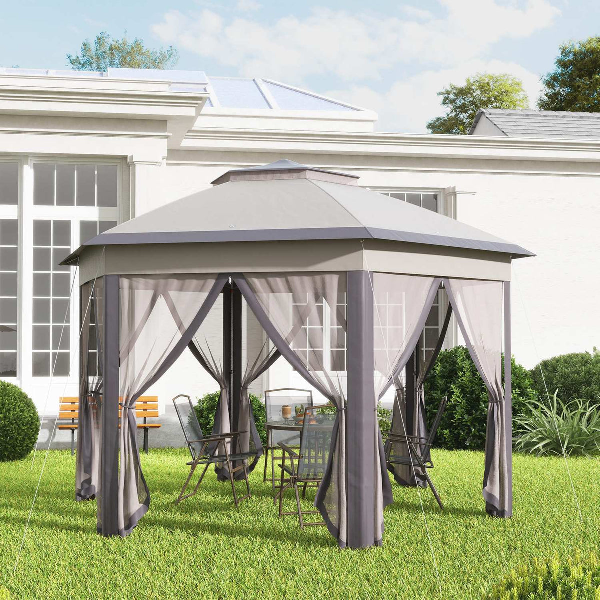 Garden Gazebo Folding Gazebo 4 X 4 M Pop-Up Tent Party Tent Including Carry Bag 6 Side Panels Double Roof Hexagonal Coffee + Beige