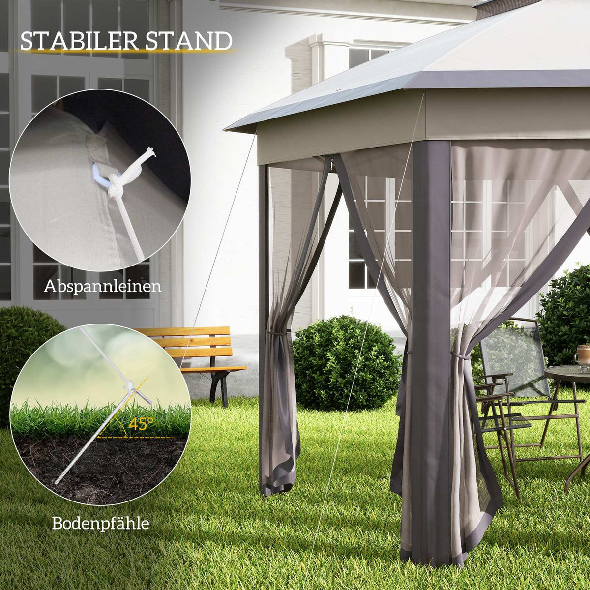 Garden Gazebo Folding Gazebo 4 X 4 M Pop-Up Tent Party Tent Including Carry Bag 6 Side Panels Double Roof Hexagonal Coffee + Beige