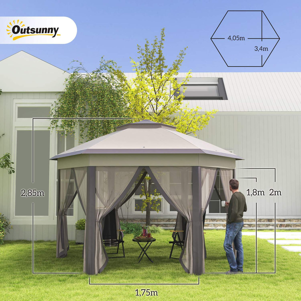 Garden Gazebo Folding Gazebo 4 X 4 M Pop-Up Tent Party Tent Including Carry Bag 6 Side Panels Double Roof Hexagonal Coffee + Beige