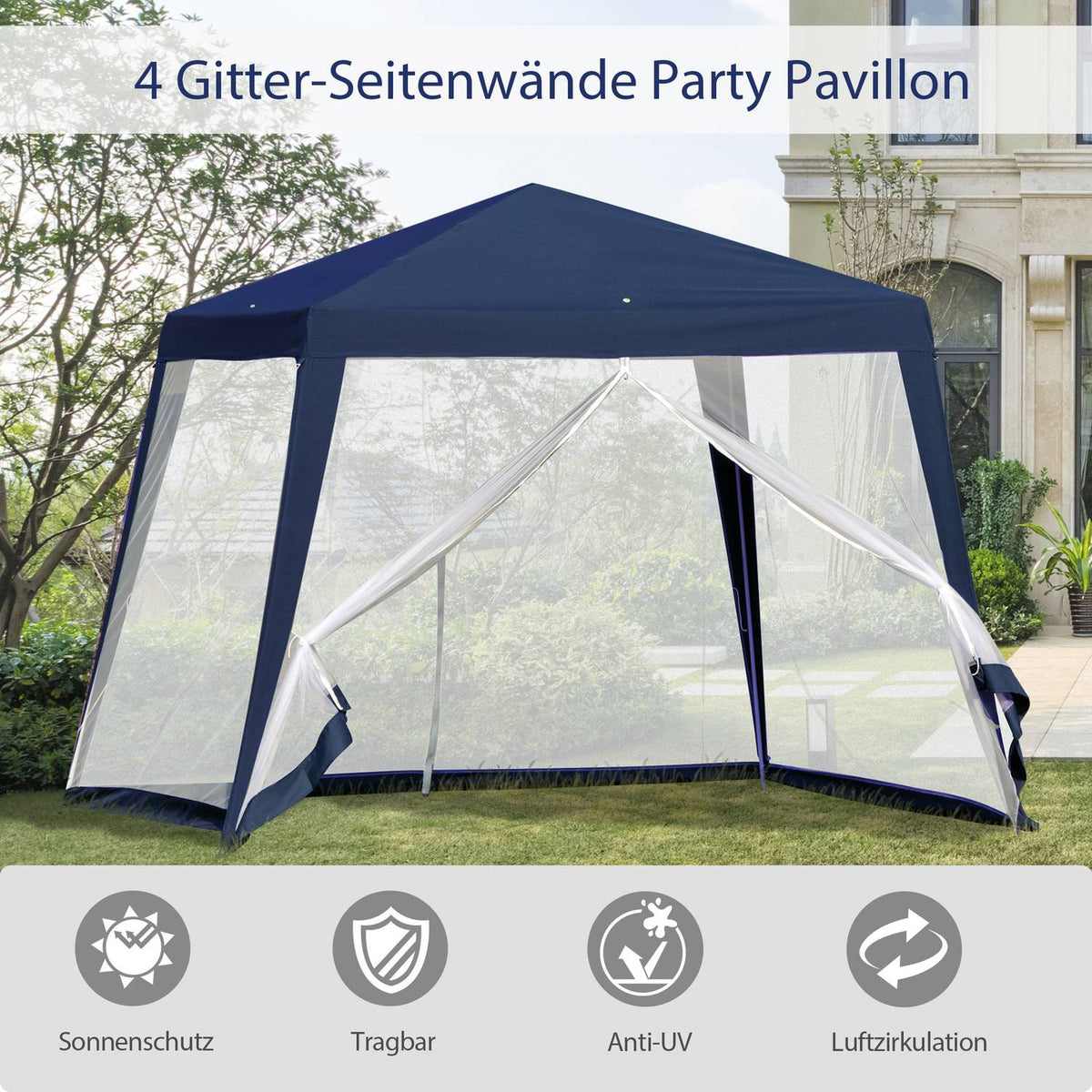 Garden Gazebo Marquee Party Tent Weatherproof Mosquito Net Metal Polyester Blue 3X3M