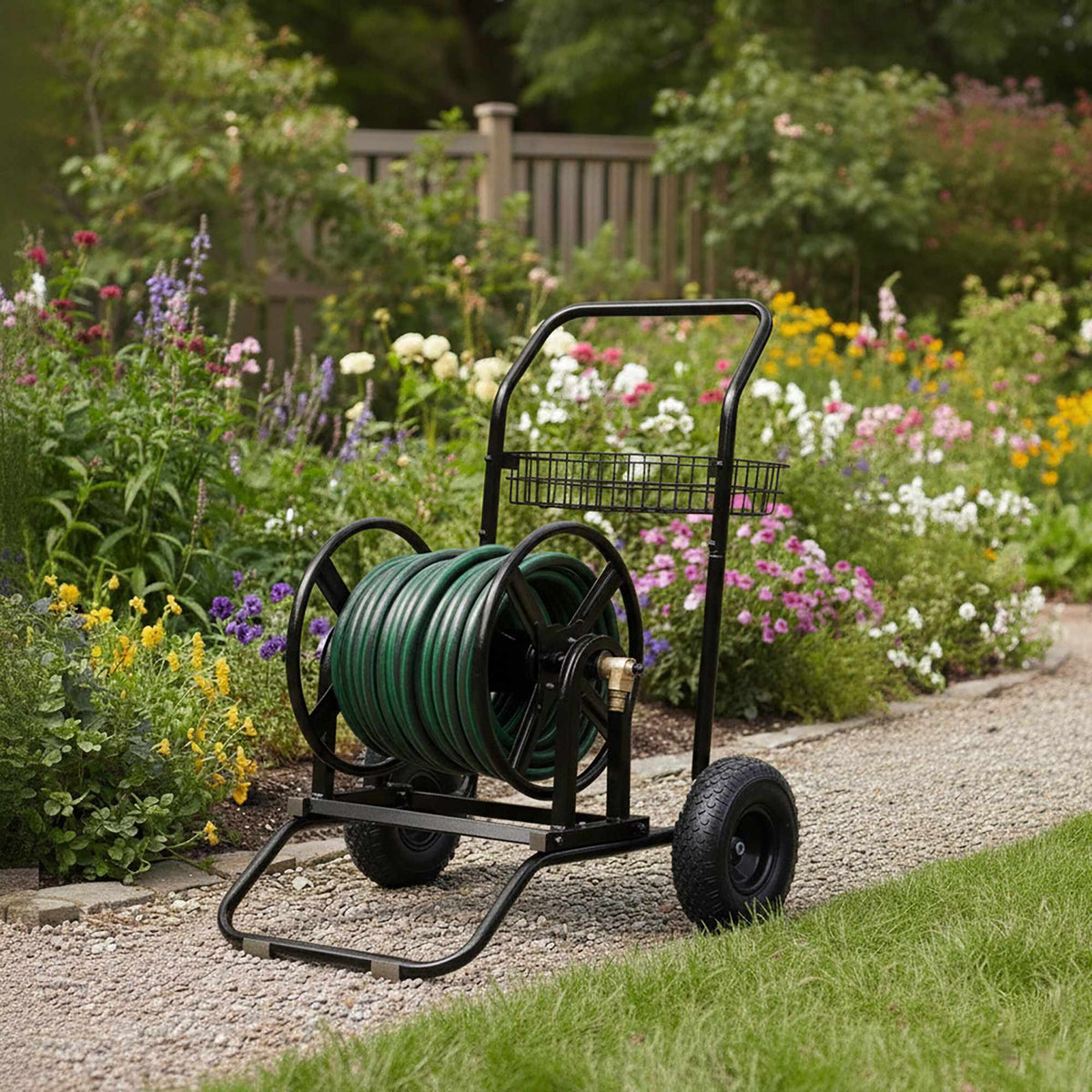 Garden Hose Trolley with 60m Reel and Wheels
