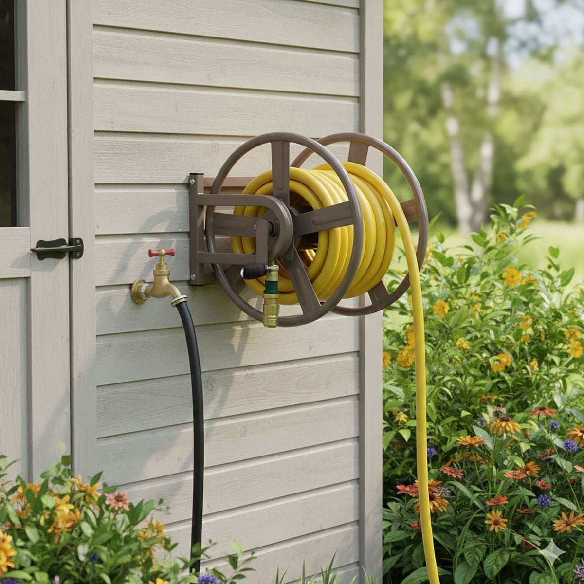 Garden Hose Trolley with Reel and Wheels, 60m Capacity
