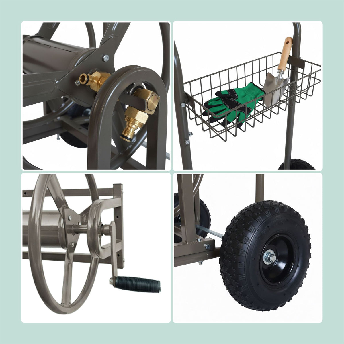 Garden Hose Trolley with Reel and Wheels, 60m Capacity