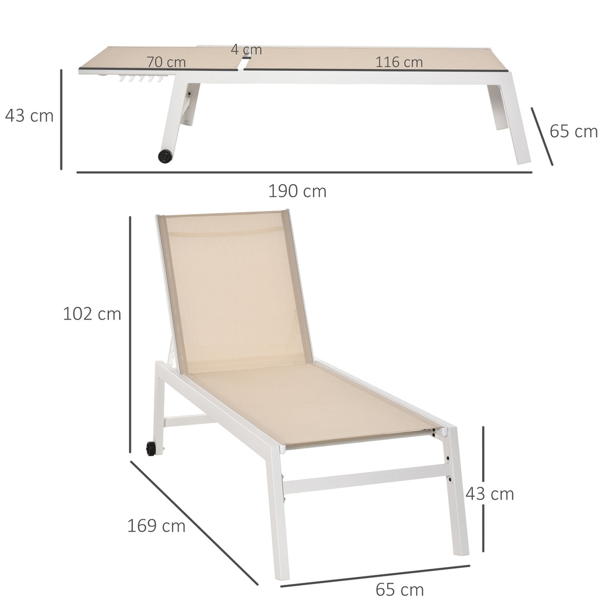 Garden Lounger 5-Step Backrest Aluminum Cream White 169X65X102Cm