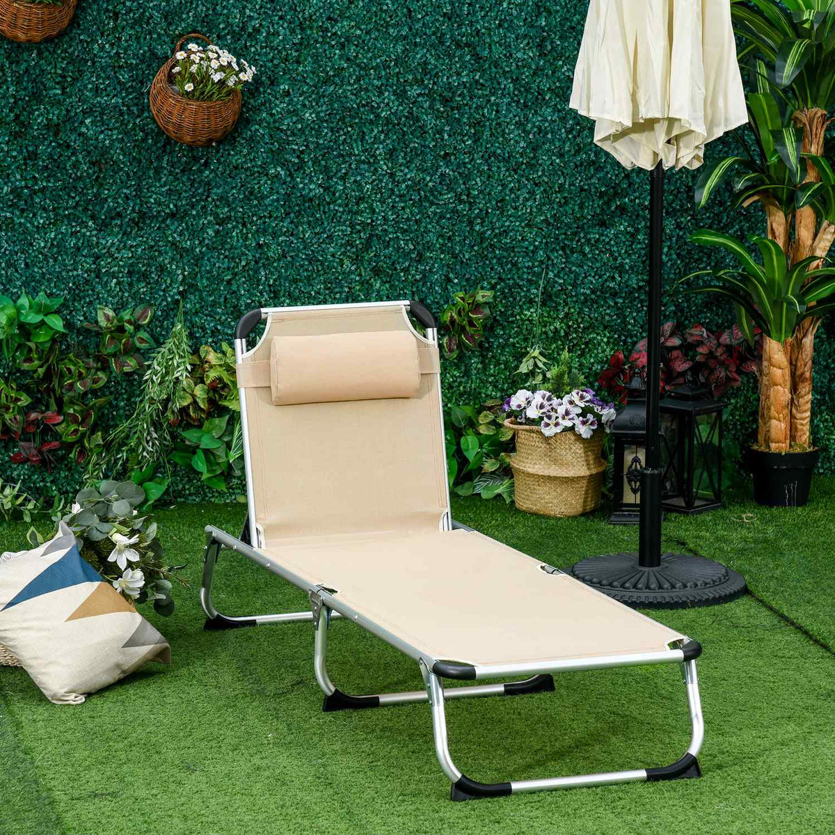 Garden Lounger Aluminum 5-Way Adjustable Foldable Ergonomic Mesh Beige 170X60X76Cm