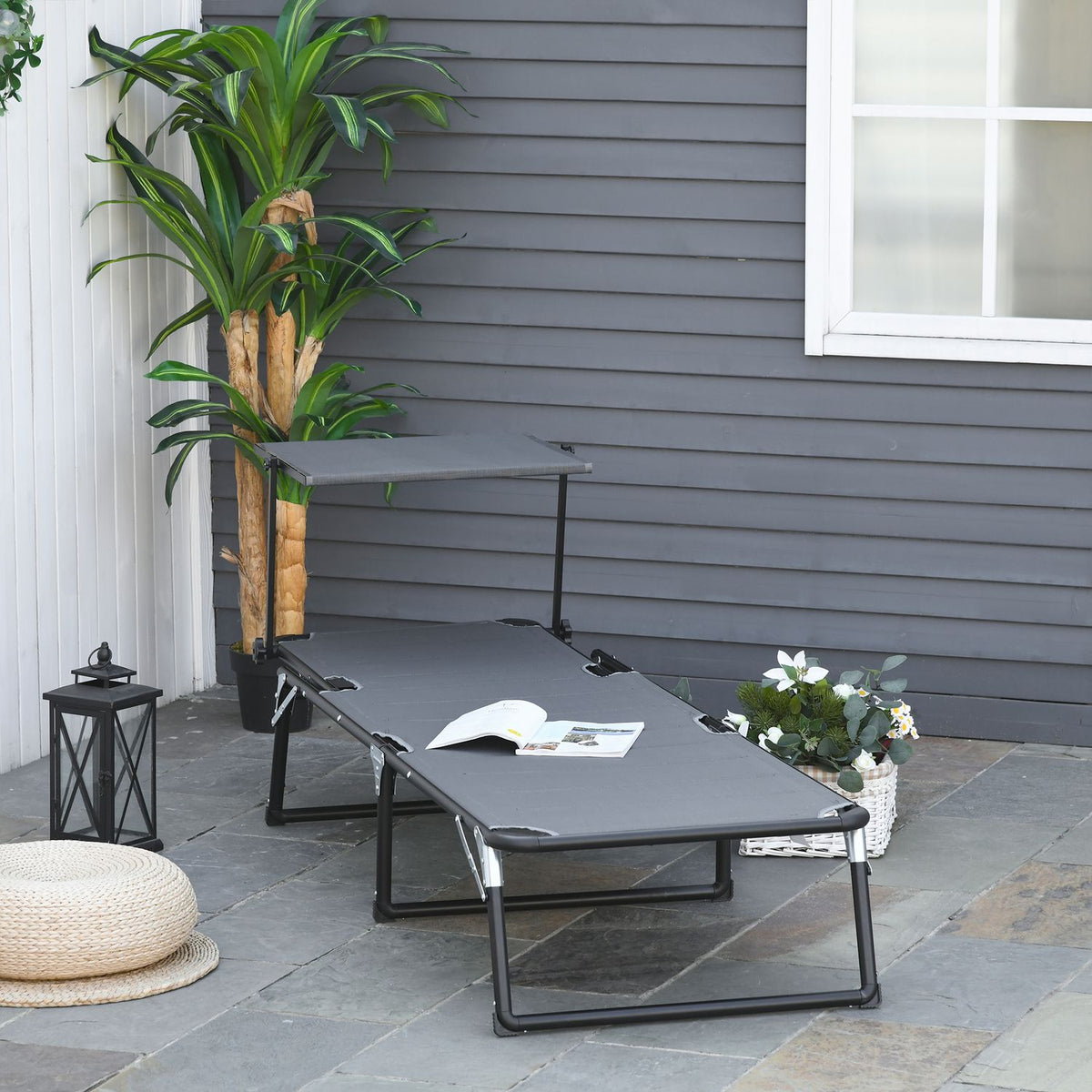 Garden Lounger Aluminum Sun Lounger Roof 5-Way Adjustable Foldable Ergonomic Textline Dark Gray 164 X 66 X 84.5 Cm