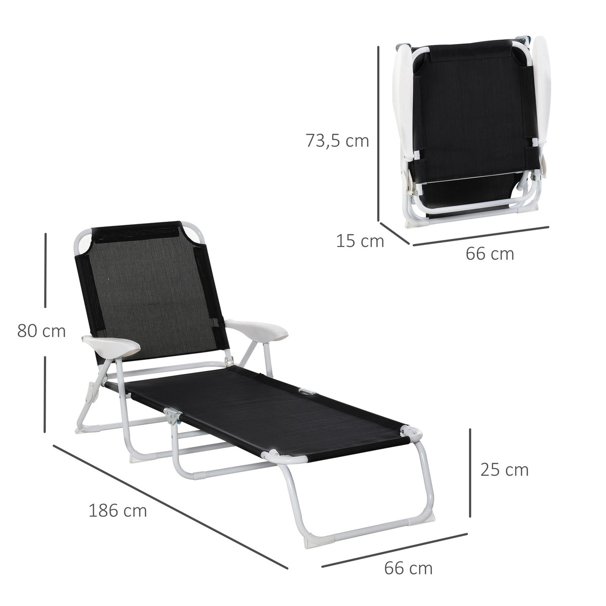 Garden Lounger Deck Chair Foldable 4-Tier Mesh Black 186X66X80Cm