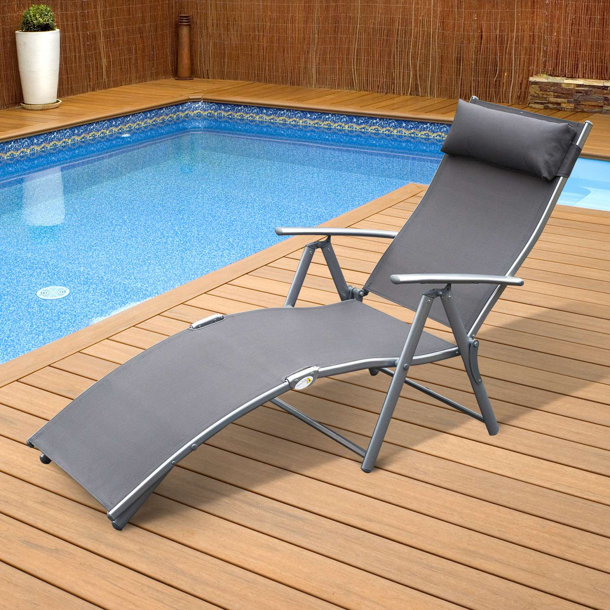 Garden Lounger Deck Chair Sun Lounger Foldable Adjustable With Cushion Garden Gray Metal + Fabric Gray 137 X 63.5 X 100.5 Cm
