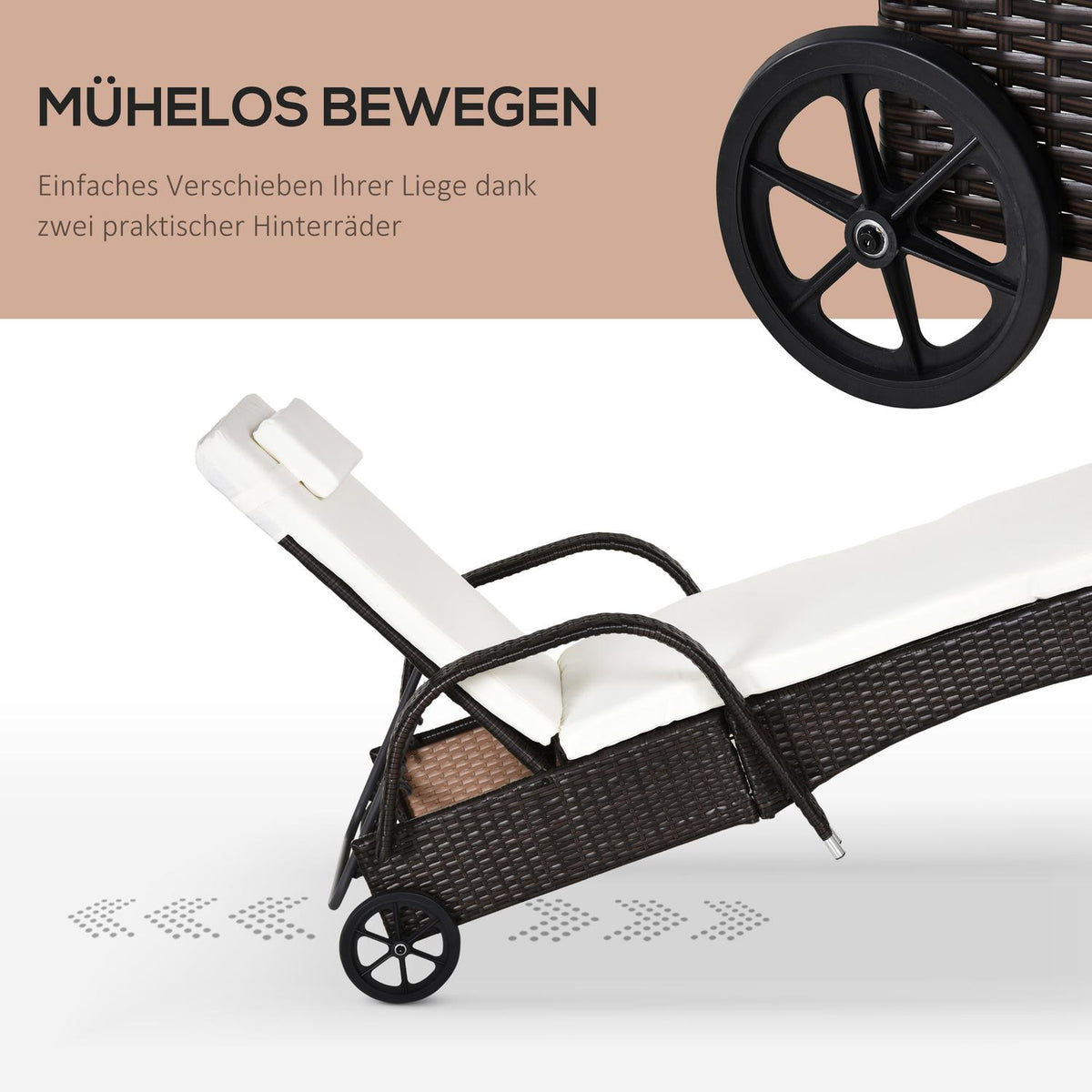 Garden Lounger, Sun Lounger, Rattan Lounger, Garden Furniture, Mobile Lounger With Cushions And Wheels, Polyrattan + Metal, Coffee Brown, 200 X 73 X 30-103Cm