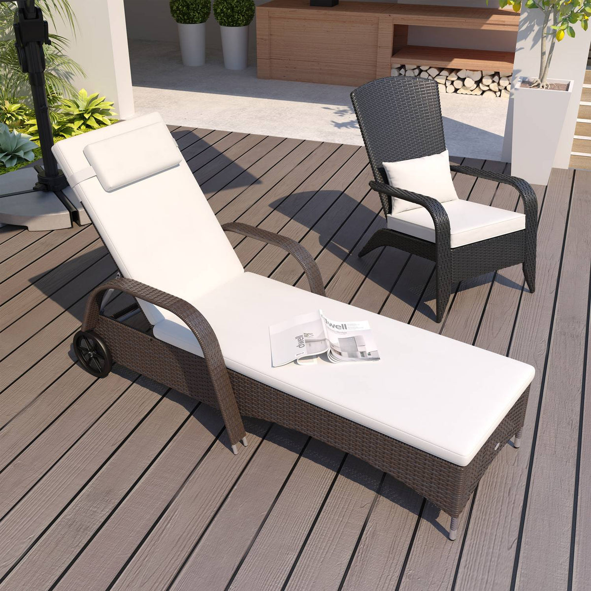 Garden Lounger, Sun Lounger, Rattan Lounger, Garden Furniture, Mobile Lounger With Cushions And Wheels, Polyrattan + Metal, Coffee Brown, 200 X 73 X 30-103Cm