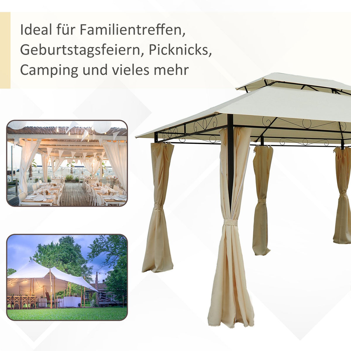 Garden Pavilion Double Roof 3X4M Beige + Black For Party & Garden Tent