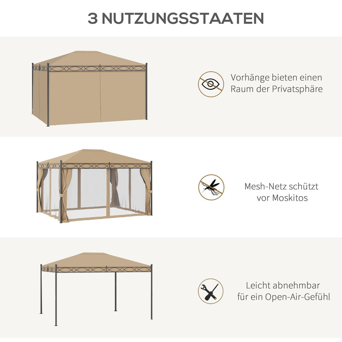 Garden Pavilion Elegant Garden Tent 3X4M With Side Walls, Mosquito Net, Metal & Polyester In Beige