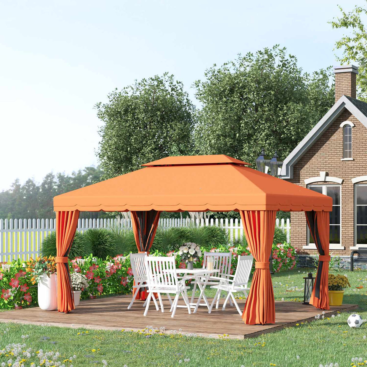 Garden Pavilion Gazebo Garden Tent Marquee Party Tent With 4 X Side Walls Weatherproof Aluminum Polyester Orange 3.9 X 2.9 X 2.7 M