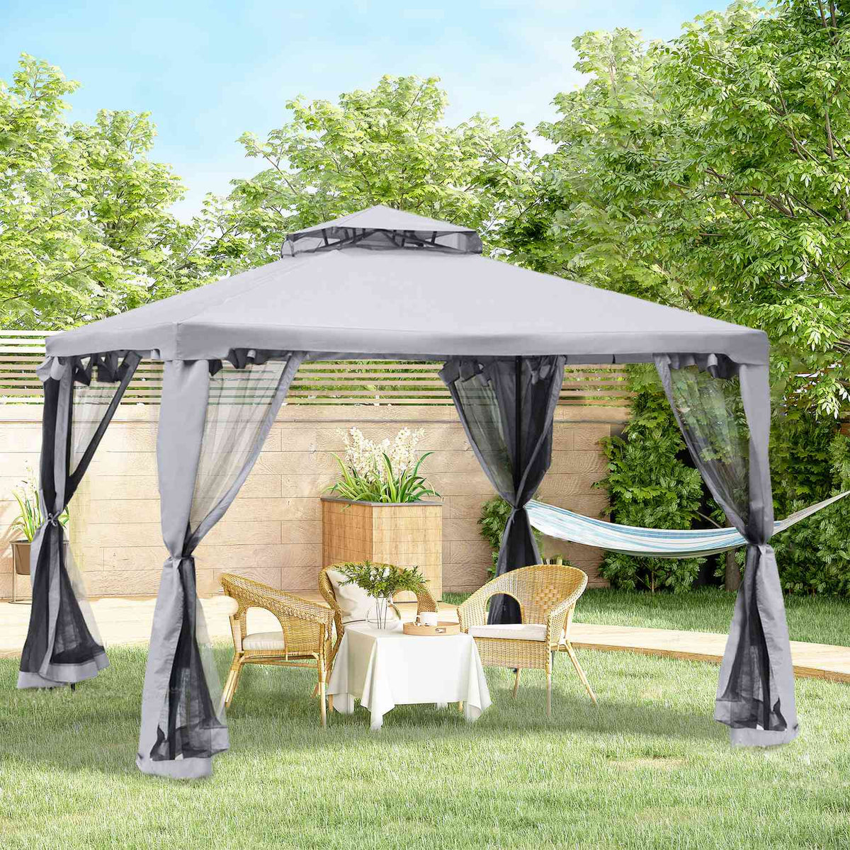 Garden Pavilion Gazebo Garden Tent Party Tent With 4 X Side Walls Weatherproof Metal Polyester Light Gray 3 X 3 X 2.6 M