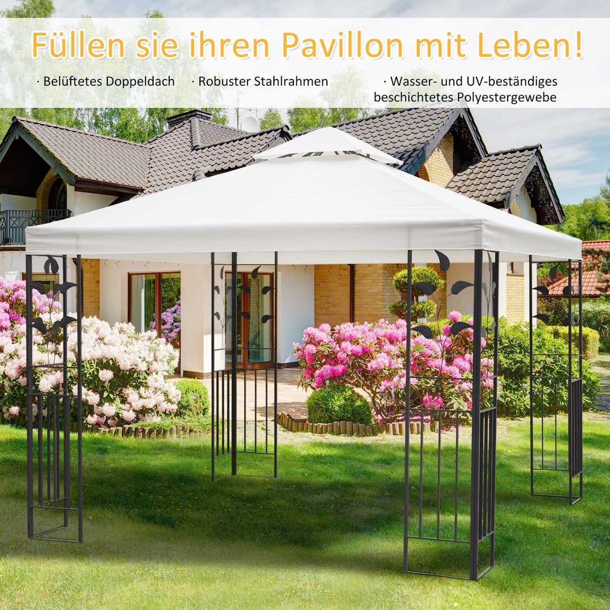 Garden Pavilion Leaf Design 2.95X2.95M Steel Frame Double Roof Party Tent Polyester Cream White