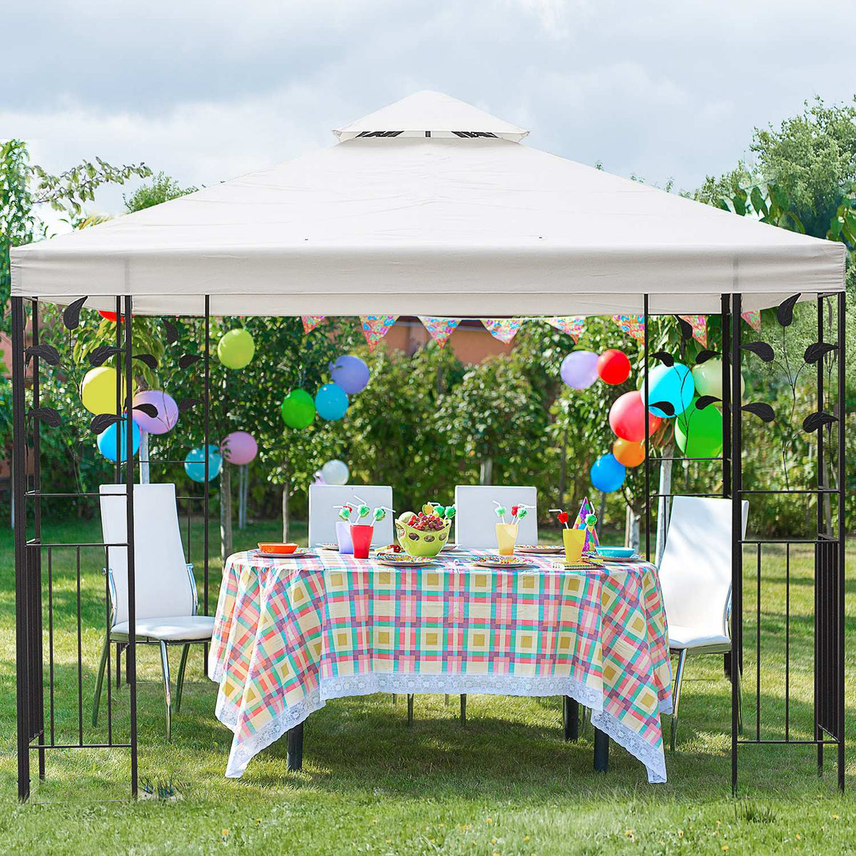 Garden Pavilion Leaf Design 2.95X2.95M Steel Frame Double Roof Party Tent Polyester Cream White
