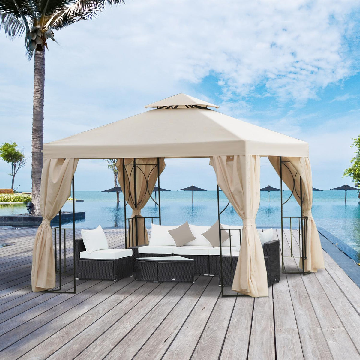 Garden Pavilion Pavilion Approx. 3 X 3 M Double Roof Party Tent Marquee 4 X Double Side Panels Waterproof Uv Protection Metal Polyester Cream