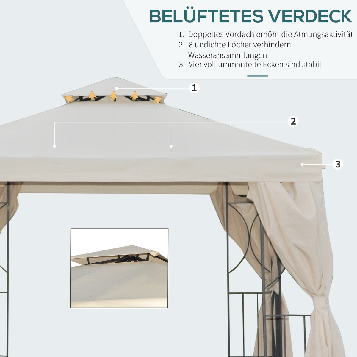 Garden Pavilion Pavilion Approx. 3 X 3 M Double Roof Party Tent Marquee 4 X Double Side Panels Waterproof Uv Protection Metal Polyester Cream