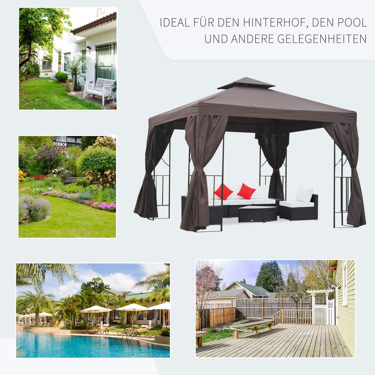 Garden Pavilion Pavilion Approx. 3 X 3 M Double Roof Party Tent Marquee 4 X Double Side Panels Waterproof Uv Protection Metal Polyester Cream