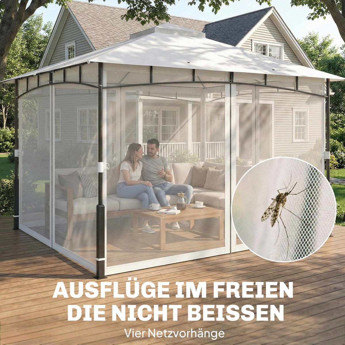 Garden Pavilion with Double Roof and Mosquito Net, 8-Person Capacity