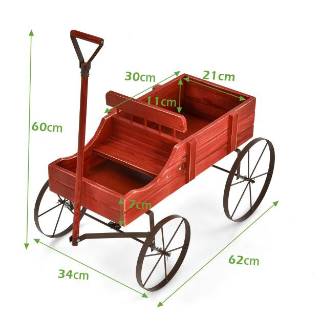 Garden Planter Wagon, Fir Wood, 2 Sections, Wheels, Red