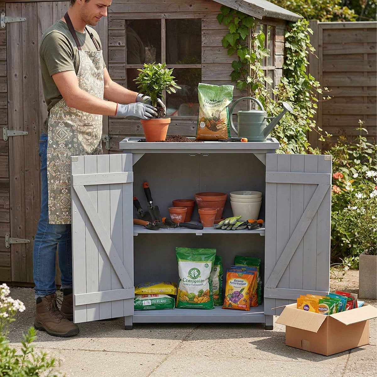 Garden Potting Table with Cabinet and Galvanized Top