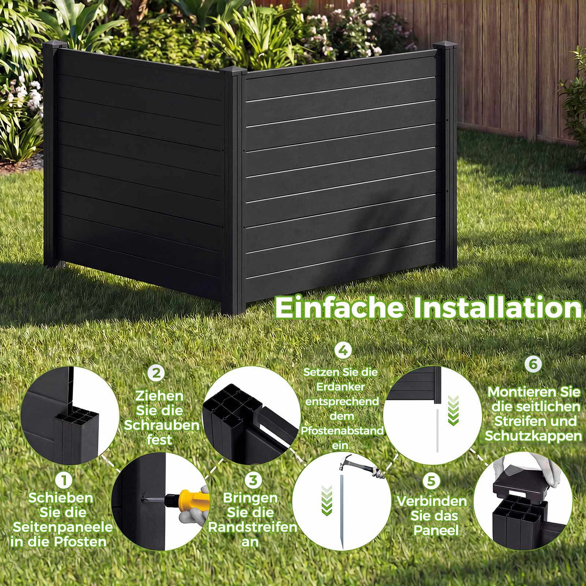 Garden Privacy Fence with 2 Panels, Weatherproof, Black