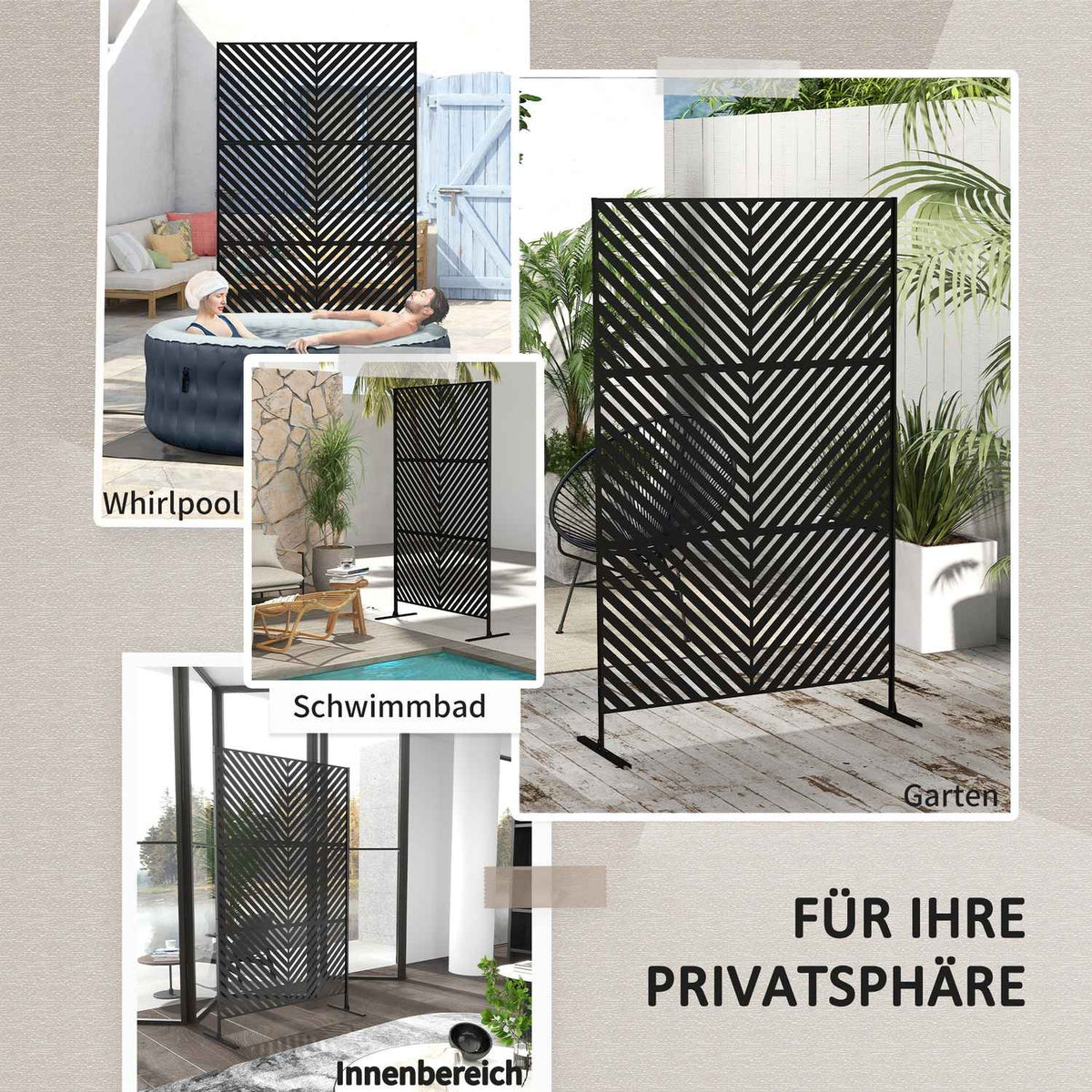 Garden Privacy Screen 122X198Cm Room Divider With Triangle Pattern, Steel Divider & Stand For Balcony, Patio, Black