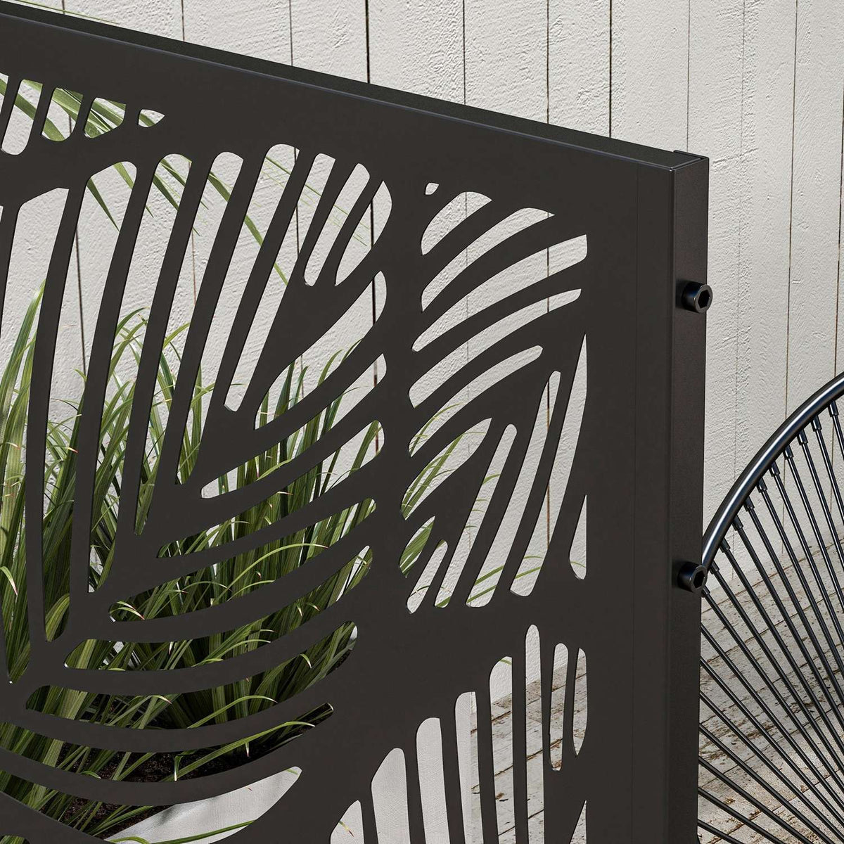 Garden Privacy Screen 122x198cm Balcony Privacy Screen Leaf Pattern Steel Divider & Stand Room Divider Black