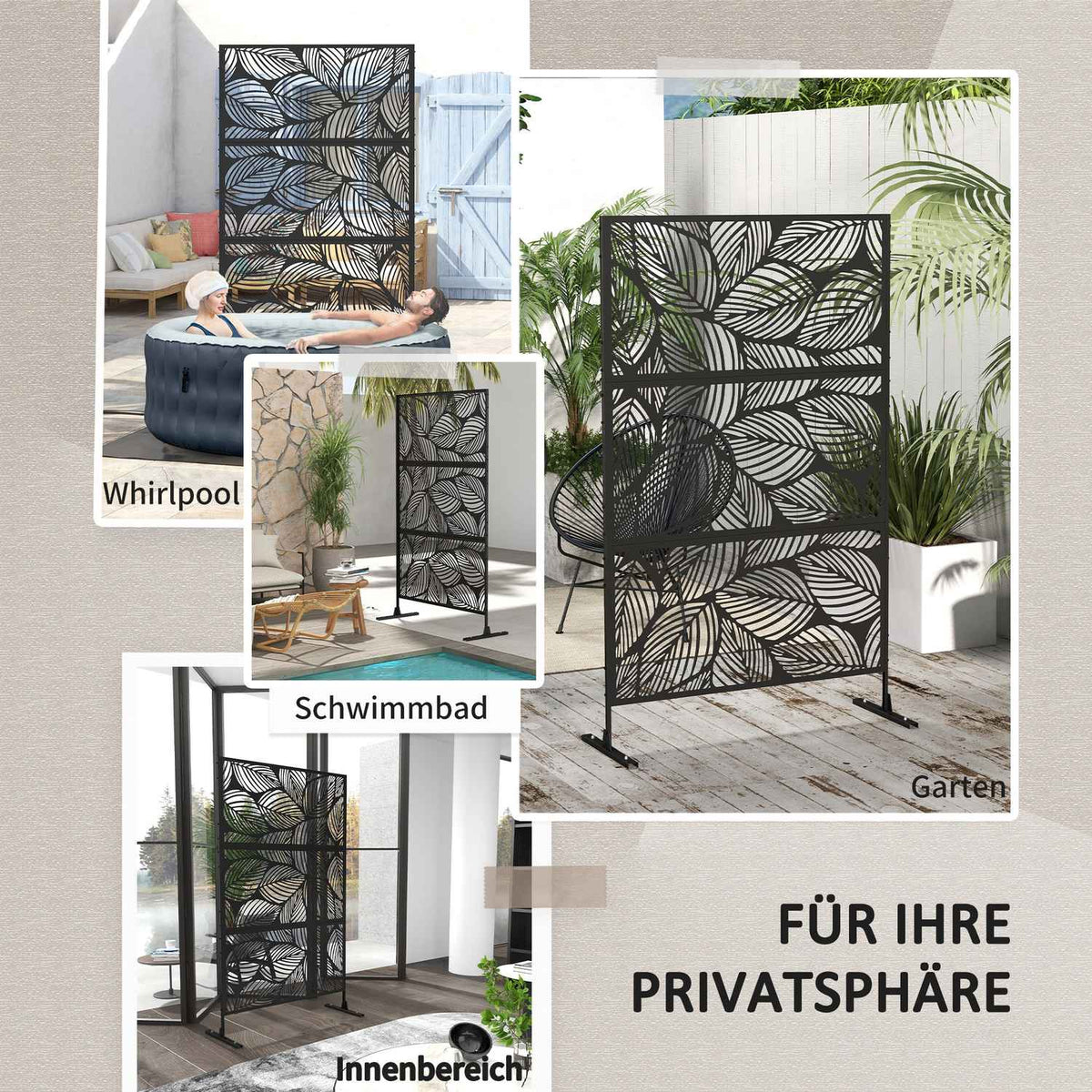 Garden Privacy Screen 122x198cm Balcony Privacy Screen Leaf Pattern Steel Divider & Stand Room Divider Black