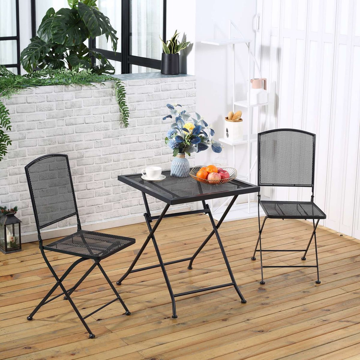 Garden Seating Group 3 People Bistro Set 1 Table 2 Foldable Chairs Patio Balcony Metal Gray
