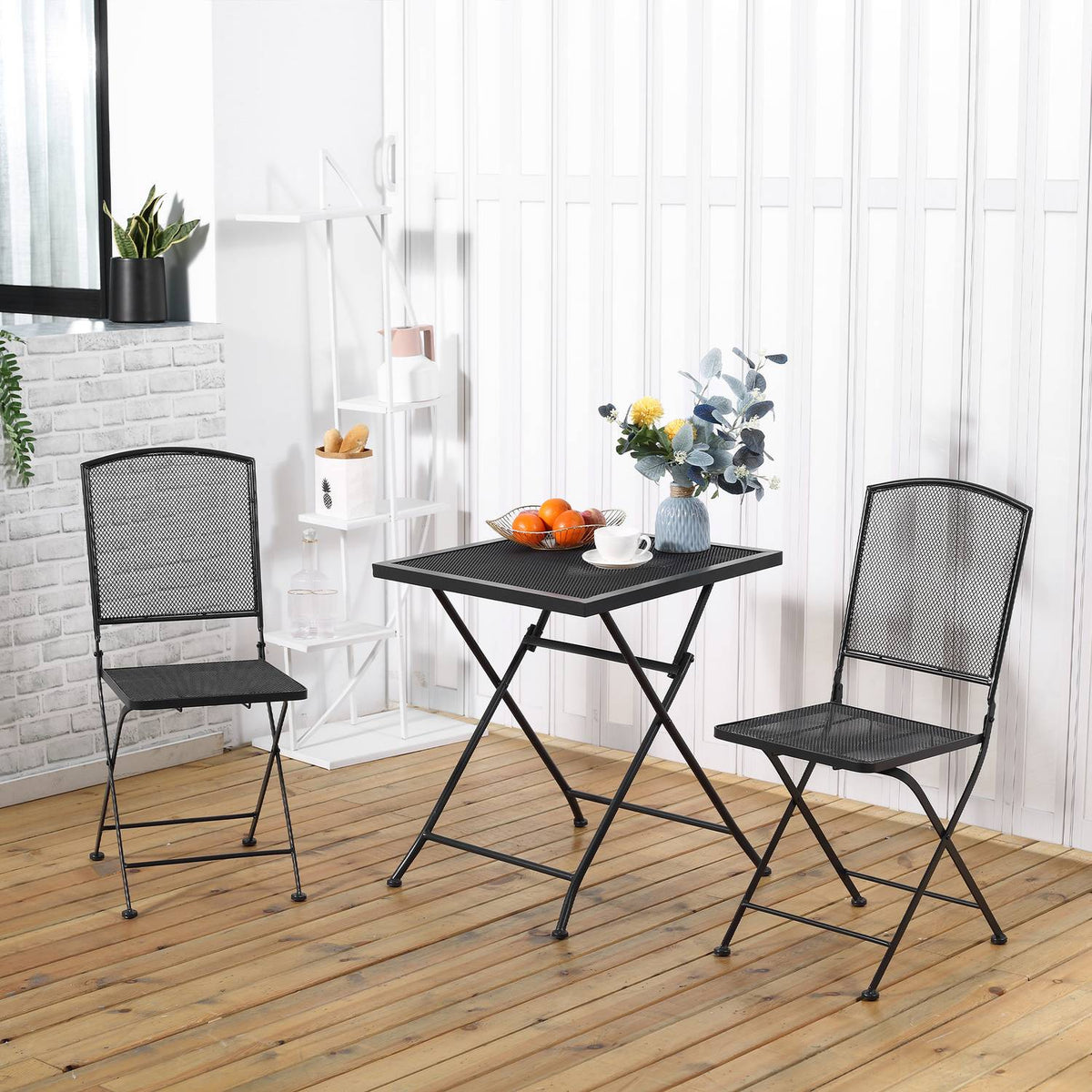 Garden Seating Group 3 People Bistro Set 1 Table 2 Foldable Chairs Patio Balcony Metal Gray