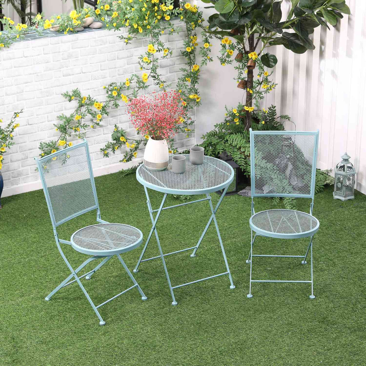 Garden Seating Group For 2 People Bistro Set 1 Table + 2 Foldable Chairs For Terrace Balcony Metal Blue
