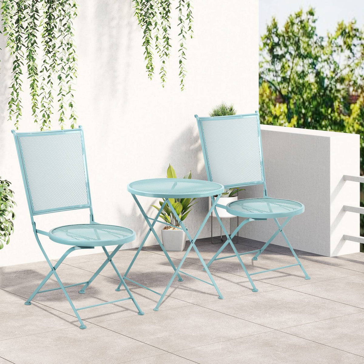 Garden Seating Group For 2 People Bistro Set 1 Table + 2 Foldable Chairs For Terrace Balcony Metal Blue